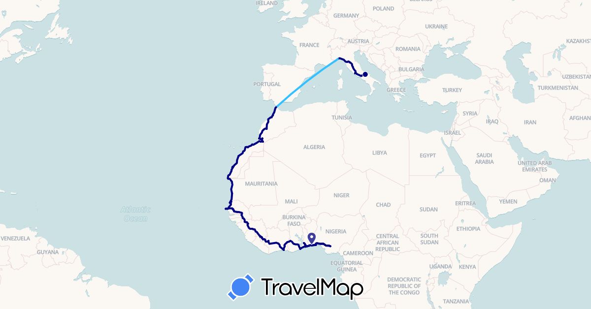TravelMap itinerary: driving, boat in Benin, Côte d'Ivoire, Ghana, Guinea, Italy, Morocco, Mauritania, Nigeria, Senegal, Togo (Africa, Europe)